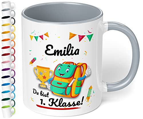 Geschenk zur Einschulung für Mädchen und Jungen: personalisierte Tasse Du bist 1. Klasse mit Namen (Grau) von True Statements