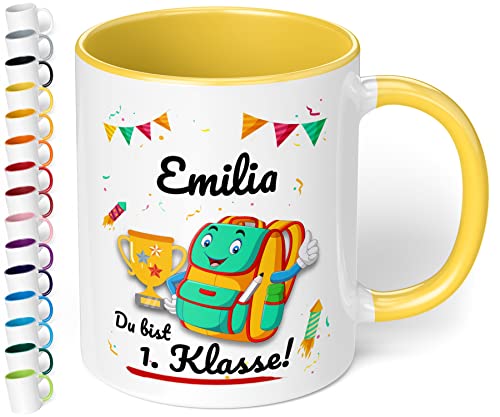 Geschenk zur Einschulung für Mädchen und Jungen: personalisierte Tasse Du bist 1. Klasse mit Namen (Hellgelb) von True Statements