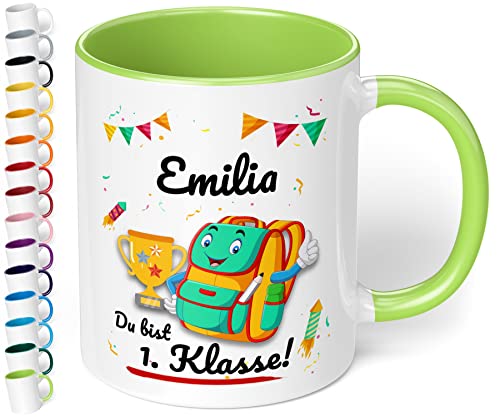 Geschenk zur Einschulung für Mädchen und Jungen: personalisierte Tasse Du bist 1. Klasse mit Namen (Hellgrün) von True Statements