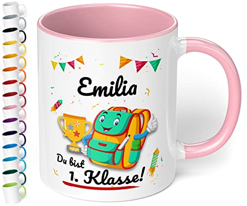 Geschenk zur Einschulung für Mädchen und Jungen: personalisierte Tasse Du bist 1. Klasse mit Namen (Rosa) von True Statements