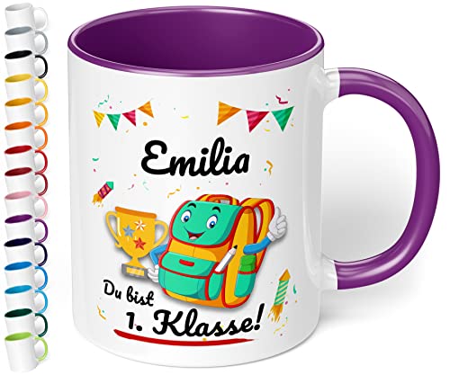 Geschenk zur Einschulung für Mädchen und Jungen: personalisierte Tasse Du bist 1. Klasse mit Namen (Violett) von True Statements