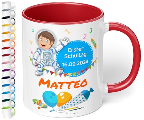 Geschenk zur Einschulung für Mädchen und Jungen: personalisierte Tasse Erster Schultag mit Name und Datum (Astronaut, Rot) von True Statements
