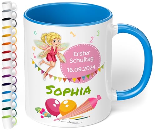 Geschenk zur Einschulung für Mädchen und Jungen: personalisierte Tasse Erster Schultag mit Name und Datum (Fee, Cambridge-Blau) von True Statements