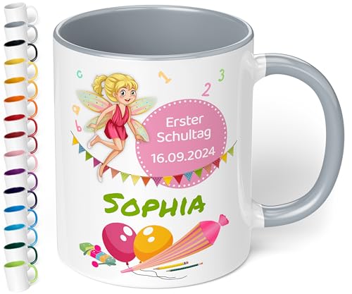 Geschenk zur Einschulung für Mädchen und Jungen: personalisierte Tasse Erster Schultag mit Name und Datum (Fee, Grau) von True Statements