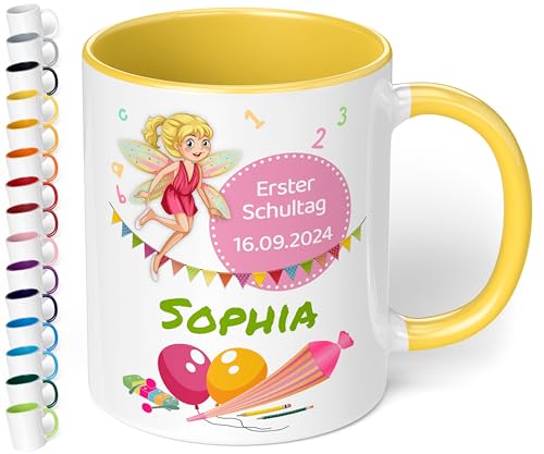 Geschenk zur Einschulung für Mädchen und Jungen: personalisierte Tasse Erster Schultag mit Name und Datum (Fee, Hellgelb) von True Statements