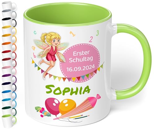 Geschenk zur Einschulung für Mädchen und Jungen: personalisierte Tasse Erster Schultag mit Name und Datum (Fee, Hellgrün) von True Statements