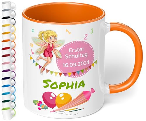 Geschenk zur Einschulung für Mädchen und Jungen: personalisierte Tasse Erster Schultag mit Name und Datum (Fee, Orange) von True Statements