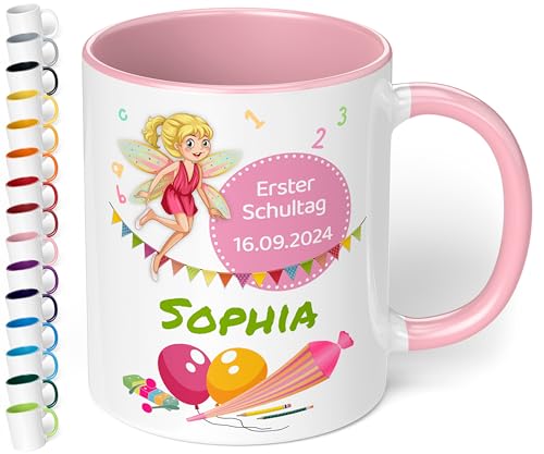 True Statements Geschenk zur Einschulung für Mädchen und Jungen: Personalisierte Keramik Tasse „Erster Schultag“ mit Name und Datum 330ml (Fee, Rosa) von True Statements