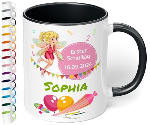 Geschenk zur Einschulung für Mädchen und Jungen: personalisierte Tasse Erster Schultag mit Name und Datum (Fee, Schwarz) von True Statements