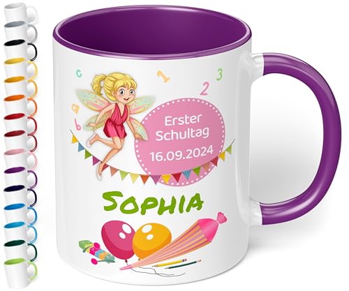 Geschenk zur Einschulung für Mädchen und Jungen: personalisierte Tasse Erster Schultag mit Name und Datum (Fee, Violett) von True Statements