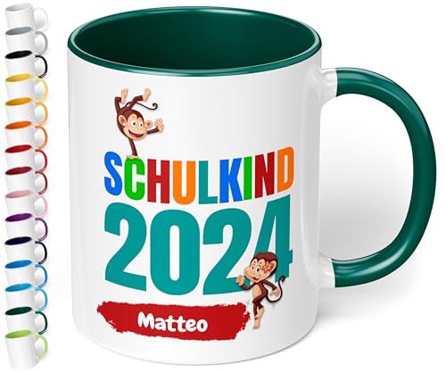 Geschenk zur Einschulung für Mädchen und Jungen: „Schulkind 2024“ - mit AFFEN-Motiv - personalisierte Tasse mit Namen (Dunkelgrün) von True Statements