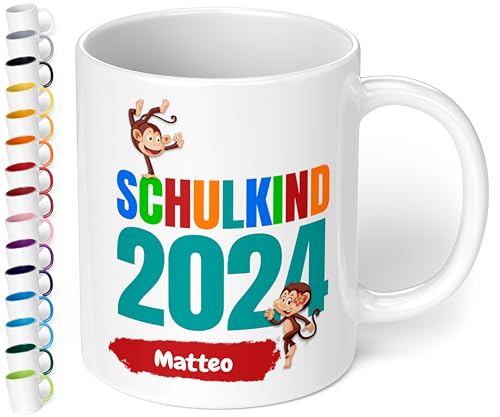 Geschenk zur Einschulung für Mädchen und Jungen: „Schulkind 2024“ - mit AFFEN-Motiv - personalisierte Tasse mit Namen (Weiß) von True Statements