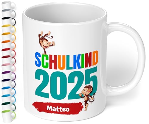 Geschenk zur Einschulung für Mädchen und Jungen: personalisierte Tasse Schulkind 2025" Affen-Motiv mit Namen, Weiß von True Statements