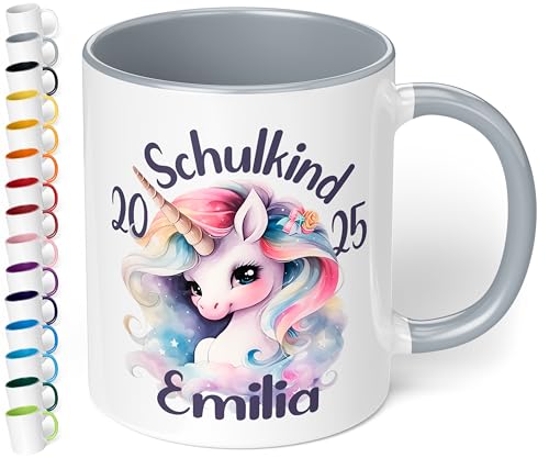 True Statements personalisierte Tasse "Schulkind 2025", Grau, Geschenk zur Einschulung für Mädchen, 330 ml Keramiktasse mit Einhorn, Einschulungsgeschenk 1. Klasse von True Statements