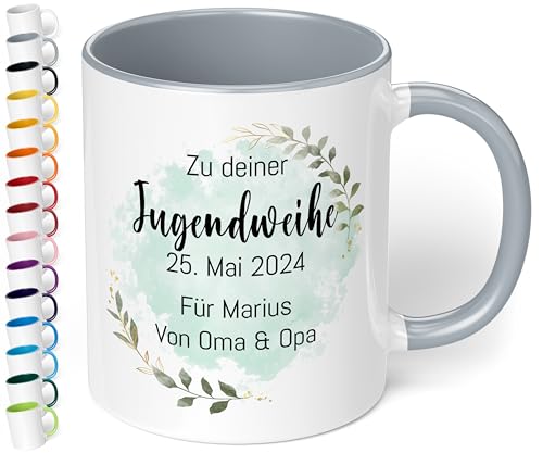 Geschenk zur Jugendweihe Konfirmation für Mädchen & Jungen: Tasse personalisiert „Zu deiner WUNSCHTEXT“ – Blätter-Motiv – Keramik 330ml Kommunion Firmung Taufe (Grau) von True Statements