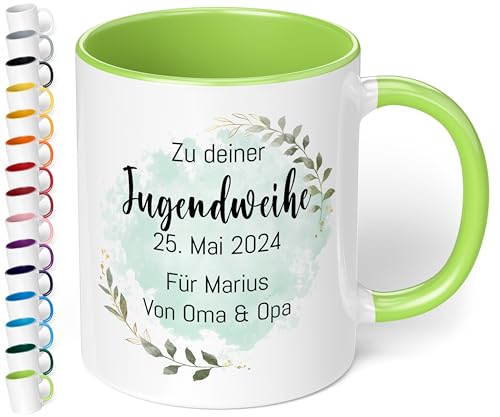 Geschenk zur Jugendweihe Konfirmation für Mädchen & Jungen: Tasse personalisiert „Zu deiner WUNSCHTEXT“ – Blätter-Motiv – Keramik 330ml Kommunion Firmung Taufe (Hellgrün) von True Statements