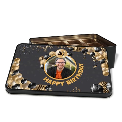 Geschenkdose personalisiert „Happy Birthday“ - Geburtstag Geschenk-Verpackung mit Bild & Zahl selbst gestalten - Metalldose zum Selbstbefüllen, 18x11 cm, Motiv: Gold-Schwarz von True Statements