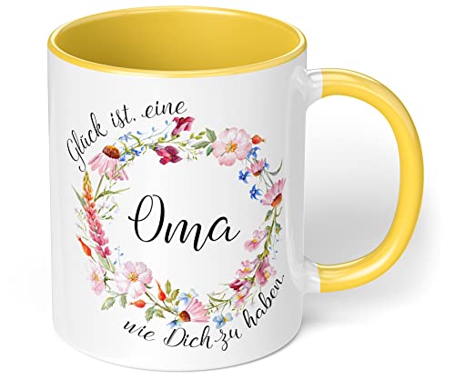 Geschenkidee für Oma Tasse mit Spruch Glück ist eine Oma wie dich zu haben - Keramik Kaffeetasse - Geschenk für Omi, Großmutter (Hellgelb) von True Statements