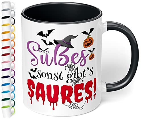 Halloween Tasse „Süßes, sonst gibt’s Saures!“ – freche Kaffeetasse als Geschenk oder Mitbringsel zur Halloweenparty oder als gruselige Dekoration (Schwarz) von True Statements