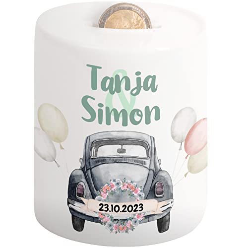 Hochzeitsgeschenke für Brautpaar - Hochzeits-Spardose mit Namen und Datum - Verpackung Just Married Hochzeit Geld-Geschenk Hochzeit personalisiert | Hochzeitstag Sparschwein | Auto Motiv (Käfer) von True Statements