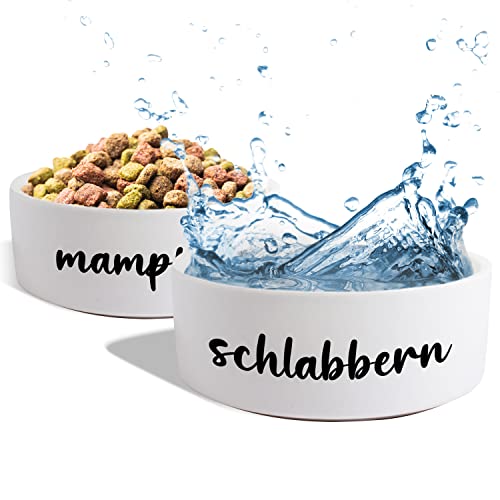 Hundenapf Keramik Doppelnapf Hund Katze: „Mampfen + Schlabbern“ | Napf-Set mit/ohne Ständer| Futternapf Fressnapf Trinknapf für große kleine mittelgroße Hunde Katzen Futterstation (2X 500ml) von True Statements