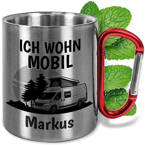 Karabiner-Edelstahl-Tasse personalisiert „ICH WOHN MOBIL“ – ca. 330ml – Metall-Becher mit Namen – Edelstahl-Becher Camping Outdoor Geschenke für Männer & Frauen (Griff Rot) von True Statements