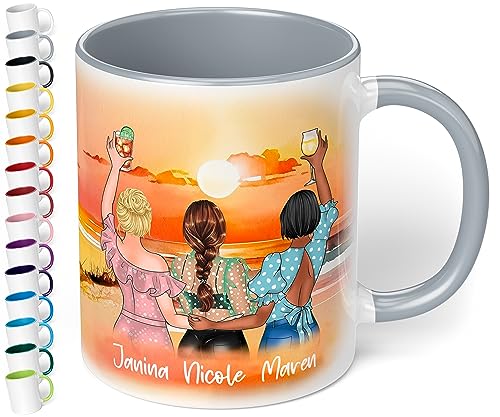 Keramik-Tasse für beste Freundinnen „Drei Freundinnen am Strand“ – 330ml Kaffeetasse personalisiert mit Namen & Aussehen - BFF best friends - Geschenke Geburtstag Weihnachten (Grau) von True Statements