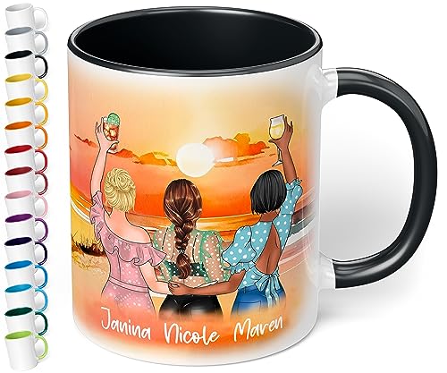 Keramik-Tasse für beste Freundinnen „Drei Freundinnen am Strand“ – 330ml Kaffeetasse personalisiert mit Namen & Aussehen - BFF best friends - Geschenke Geburtstag Weihnachten (Schwarz) von True Statements