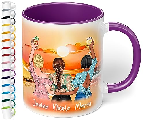 Keramik-Tasse für beste Freundinnen „Drei Freundinnen am Strand“ – 330ml Kaffeetasse personalisiert mit Namen & Aussehen - BFF best friends - Geschenke Geburtstag Weihnachten (Violett) von True Statements