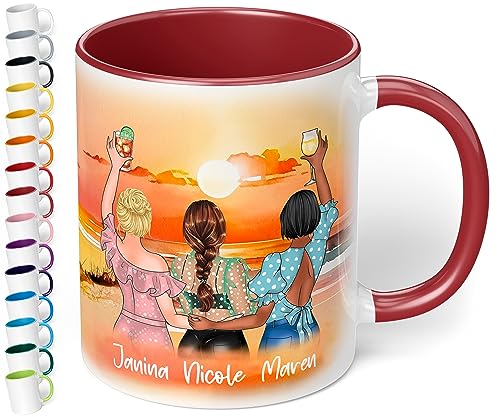 Keramik-Tasse personalisiert mit Namen & Aussehen „Drei Freundinnen am Strand“ – 330ml Kaffeetasse - BFF best friends - Geschenke Geburtstag Weihnachten (Bordeaux) von True Statements