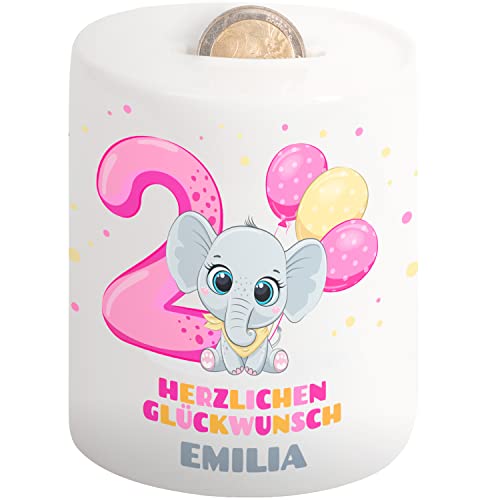 Kinder-Spardose mit Alterszahl und Namen personalisiert „Herzlichen Glückwunsch“– Geldgeschenk zum 1.-5. Geburtstag für Mädchen & Jungen für 1-5 Jahre – Kindergeschenk zur Taufe (Rosa, Elefant, 2) von True Statements