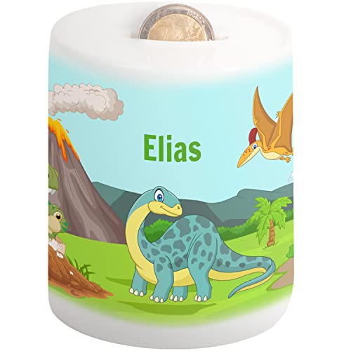 Kinder-Spardose mit Namen personalisiert „6 Bunte Dinosaurier“ – Keramik Spardose für Mädchen & Jungen - Geschenk zur Einschulung, Taufe, Geburtstag, Weihnachten - Geldgeschenk-Verpackung (Dinos) von True Statements