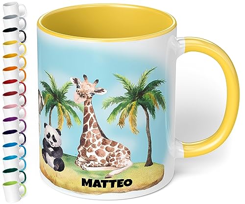 Kinder-Tasse mit Namen „Dschungel – Keramik-Tasse mit Dschungeltieren personalisiert – Kinderbecher Namenstasse für Jungen & Mädchen - schönes Geschenk & Mitbringsel Geburtstag (Hellgelb) von True Statements