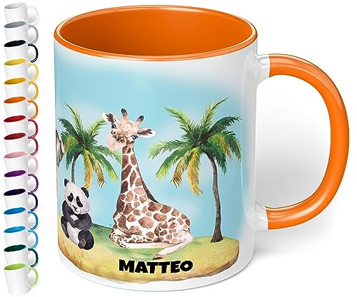 Kinder-Tasse mit Namen „Dschungel – Keramik-Tasse mit Dschungeltieren personalisiert – Kinderbecher Namenstasse für Jungen & Mädchen - schönes Geschenk & Mitbringsel Geburtstag (Orange) von True Statements