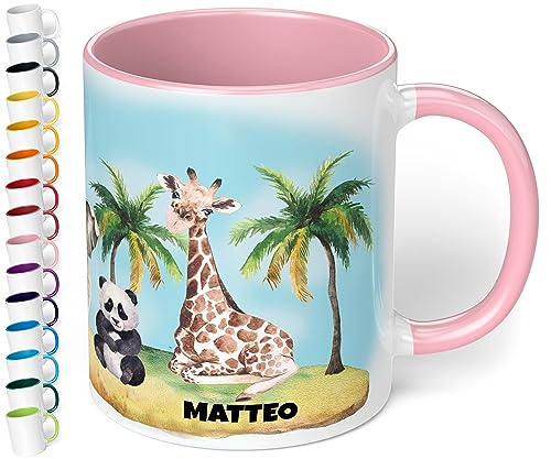 Kinder-Tasse mit Namen „Dschungel – Keramik-Tasse mit Dschungeltieren personalisiert – Kinderbecher Namenstasse für Jungen & Mädchen - schönes Geschenk & Mitbringsel Geburtstag (Rosa) von True Statements