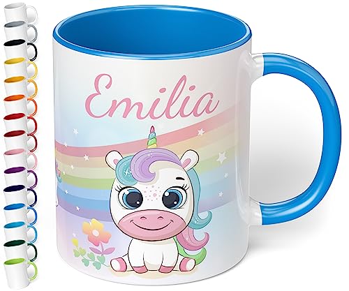 Kinder-Tasse mit Namen „Einhorn mit Regenbogen-Motiv“ – personalisierte Tasse für Jungen und Mädchen - rundum bedruckt – schönes Geschenk zu Weihnachten, Geburtstag (Cambridge Blau) von True Statements