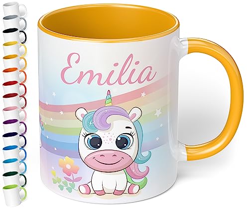 Kinder-Tasse mit Namen „Einhorn mit Regenbogen-Motiv“ – personalisierte Tasse für Jungen und Mädchen - rundum bedruckt – schönes Geschenk zu Weihnachten, Geburtstag (Goldgelb) von True Statements