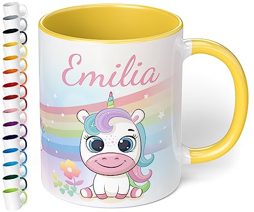 Kinder-Tasse mit Namen „Einhorn mit Regenbogen-Motiv“ – personalisierte Tasse für Jungen und Mädchen - rundum bedruckt – schönes Geschenk zu Weihnachten, Geburtstag (Hellgelb) von True Statements