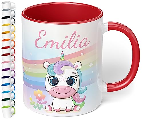 Kinder-Tasse mit Namen „Einhorn mit Regenbogen-Motiv“ – personalisierte Tasse für Jungen und Mädchen - rundum bedruckt – schönes Geschenk zu Weihnachten, Geburtstag (Rot) von True Statements