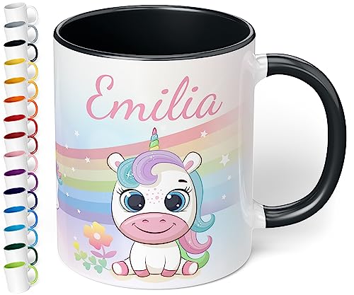 Kinder-Tasse mit Namen „Einhorn mit Regenbogen-Motiv“ – personalisierte Tasse für Jungen und Mädchen - rundum bedruckt – schönes Geschenk zu Weihnachten, Geburtstag (Schwarz) von True Statements