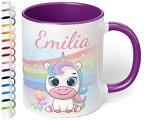 Kinder-Tasse mit Namen „Einhorn mit Regenbogen-Motiv“ – personalisierte Tasse für Jungen und Mädchen - rundum bedruckt – schönes Geschenk zu Weihnachten, Geburtstag (Violett) von True Statements