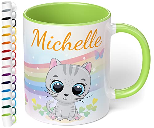 Kinder-Tasse mit Namen „Graue Katze mit Regenbogen-Motiv“ – personalisierte Namenstasse für Jungen und Mädchen - rundum bedruckt – schönes Geschenk zu Weihnachten, Geburtstag (Hellgrün) von True Statements