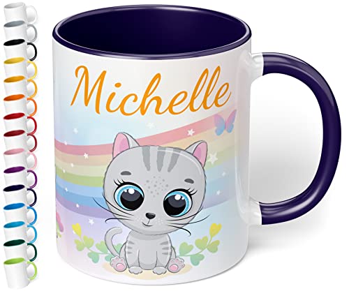 Kinder-Tasse mit Namen „Graue Katze mit Regenbogen-Motiv“ – personalisierte Namenstasse für Jungen und Mädchen - rundum bedruckt – schönes Geschenk zu Weihnachten, Geburtstag (Kobaltblau) von True Statements