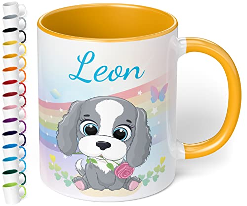Kinder-Tasse mit Namen „Hund mit Regenbogen-Motiv“ – personalisierte Tasse für Jungen und Mädchen - rundum bedruckt – schönes Geschenk zu Weihnachten, Geburtstag (Goldgelb) von True Statements