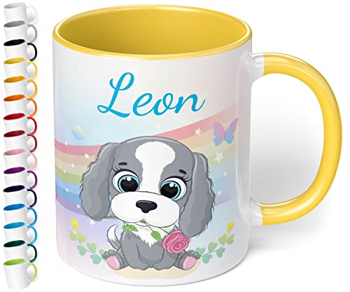 Kinder-Tasse mit Namen „Hund mit Regenbogen-Motiv“ – personalisierte Tasse für Jungen und Mädchen - rundum bedruckt – schönes Geschenk zu Weihnachten, Geburtstag (Hellgelb) von True Statements