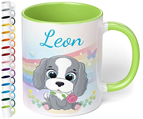 Kinder-Tasse mit Namen „Hund mit Regenbogen-Motiv“ – personalisierte Tasse für Jungen und Mädchen - rundum bedruckt – schönes Geschenk zu Weihnachten, Geburtstag (Hellgrün) von True Statements