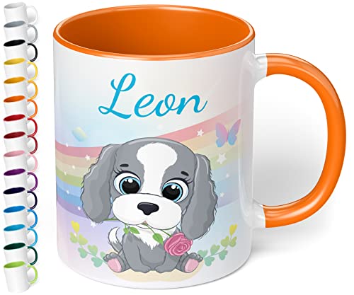 Kinder-Tasse mit Namen „Hund mit Regenbogen-Motiv“ – personalisierte Tasse für Jungen und Mädchen - rundum bedruckt – schönes Geschenk zu Weihnachten, Geburtstag (Orange) von True Statements