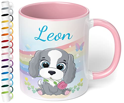 Kinder-Tasse mit Namen „Hund mit Regenbogen-Motiv“ – personalisierte Tasse für Jungen und Mädchen - rundum bedruckt – schönes Geschenk zu Weihnachten, Geburtstag (Rosa) von True Statements