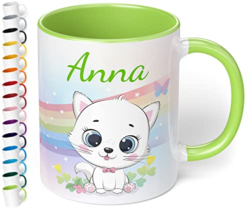 Kinder-Tasse mit Namen „Weiße Katze mit Regenbogen-Motiv“ – personalisierte Namenstasse für Jungen und Mädchen - rundum bedruckt – schönes Geschenk zu Weihnachten, Geburtstag (Hellgrün) von True Statements