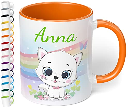 Kinder-Tasse mit Namen „Weiße Katze mit Regenbogen-Motiv“ – personalisierte Namenstasse für Jungen und Mädchen - rundum bedruckt – schönes Geschenk zu Weihnachten, Geburtstag (Orange) von True Statements